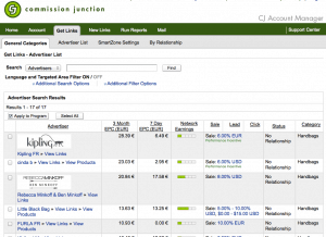 Screenshot of CommissionJunction's affiliate interface